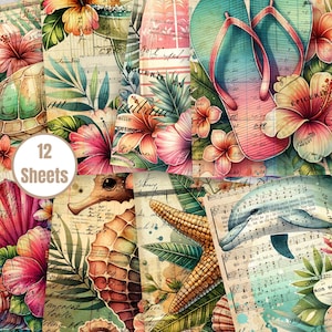 Kit imprimible de diario basura de verano: 12 papeles de collage de acuarela con temática playera: conchas, tablas de surf, delfines y bebidas - FA218