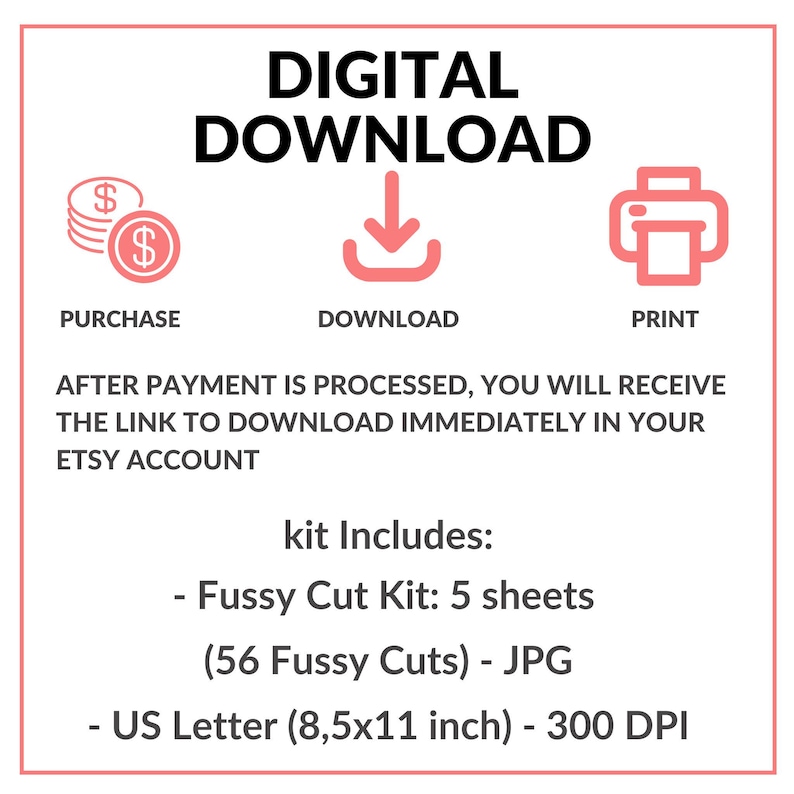 May include: Digital download graphic with the words "DIGITAL DOWNLOAD" in bold black font. The image includes icons for purchase, download, and print, along with details about the kit, including the number of sheets and the size of the US Letter (8.5x11 inch) paper.