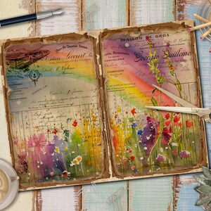 May include: An open vintage journal with a watercolor painting of flowers and a rainbow on the pages. The journal has a faded brown cover and the pages are filled with handwritten text in French.
