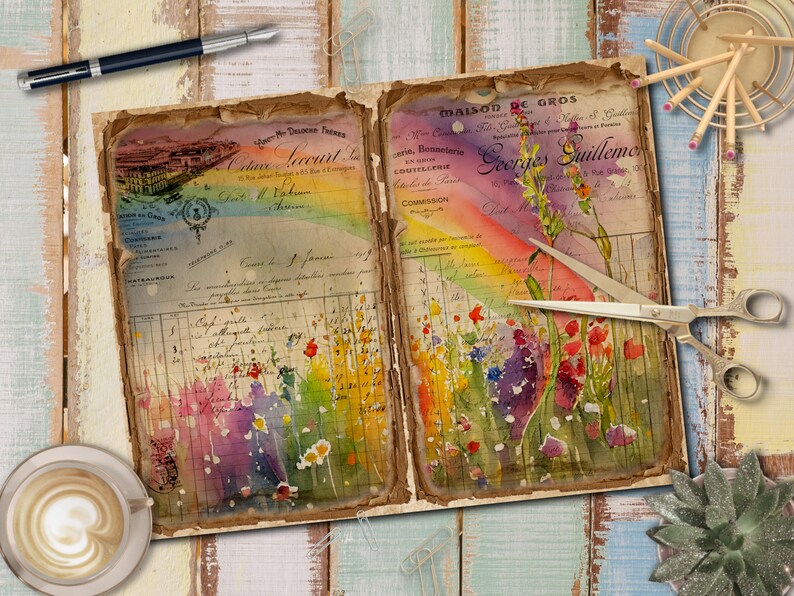 May include: An open vintage journal with a watercolor painting of flowers and a rainbow on the pages. The journal has a faded brown cover and the pages are filled with handwritten text in French.