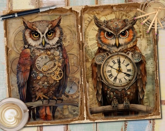 Könnte beinhalten: Zwei Steampunk-Eulen-Illustrationen auf gealtertem Papier. Die Eulen sind braun und grau mit Uhrwerkdetails und römischen Ziffernuhren auf der Brust. Sie sitzen auf einem Ast vor einem Hintergrund aus Zahnrädern und Zeitmotiven. Ein Stift, Bleistifte und eine Tasse Kaffee sind im Bild.