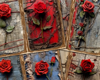 Páginas de diario vintage con rosas rojas: Kit de diario creativo imprimible (descarga digital)