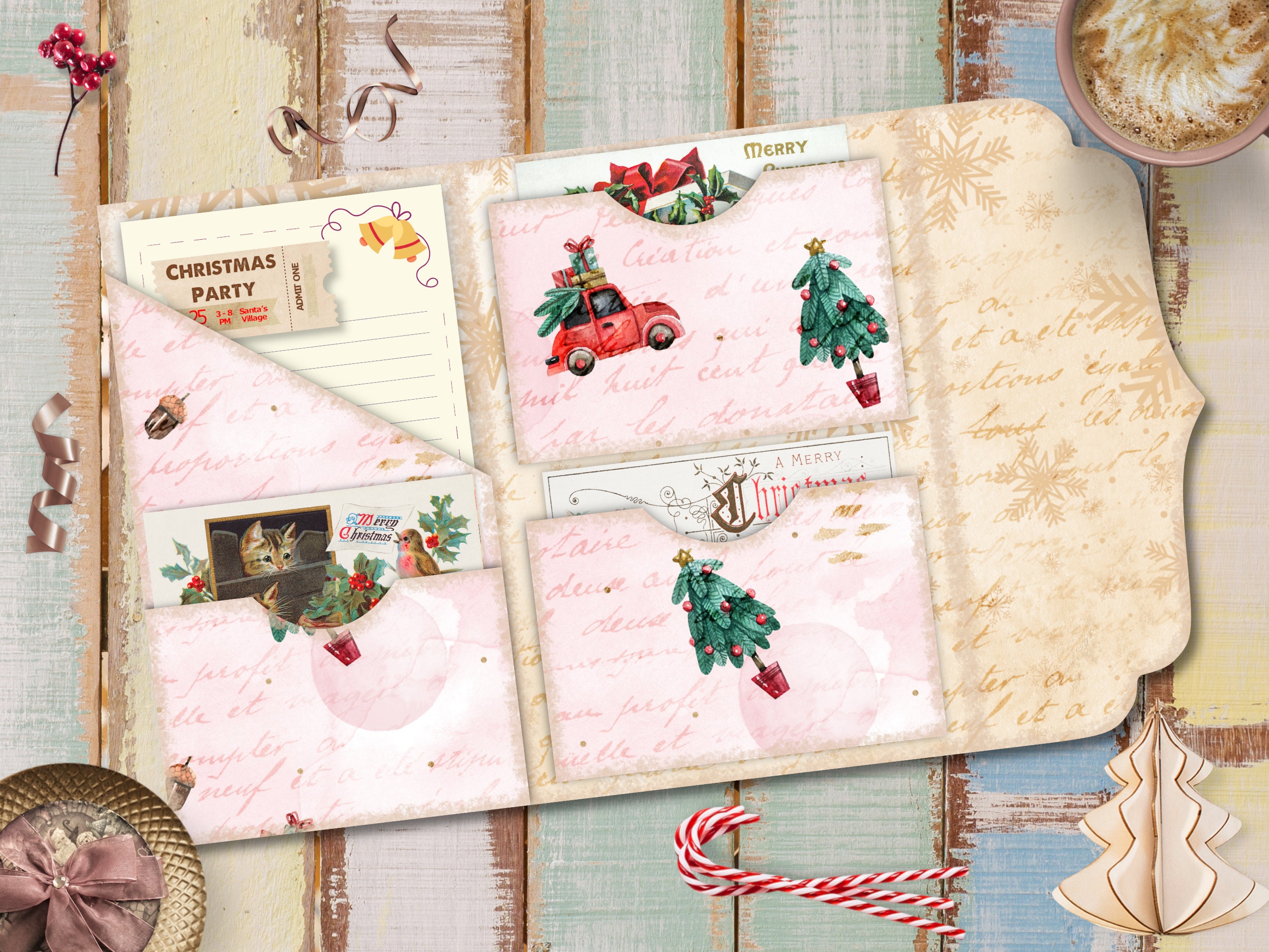 Junk Journal, Folding Folio, Christmas, Trifold, Shabby Loaded Folder, Craft Kit, , Collage Sheets, Scrapbook, Digital Download