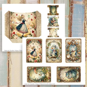 May include: Alice in Wonderland themed art prints. The image features a collection of illustrations, including playing cards, Alice, a white rabbit, a duck, and a Cheshire Cat. The art has a vintage, storybook aesthetic with soft colors and floral accents.