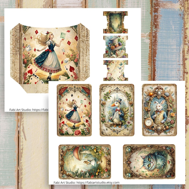 May include: Alice in Wonderland themed art prints. The image features a collection of illustrations, including playing cards, Alice, a white rabbit, a duck, and a Cheshire Cat. The art has a vintage, storybook aesthetic with soft colors and floral accents.