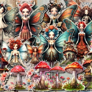 Junk Journal Kit, Fairy pietluttig knippen, feeën, sprookjeshuis, paddestoel, bloemen, planner, stickers, , Junk Journal Digi Kit, digitale download