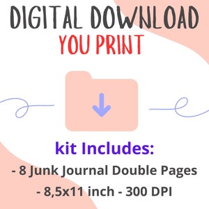 May include: Digital download of 8 junk journal double pages, 8.5x11 inches, 300 DPI. The image shows a pink folder with a download arrow, and the text "DIGITAL DOWNLOAD YOU PRINT kit Includes:"