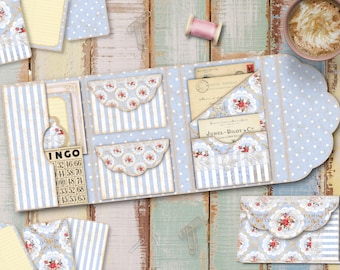 Floral Junk Journal Kit: Shabby Blue Trifold Folio (Digital Download)