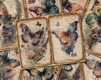 Könnte beinhalten: Vintage-Scrapbookpapier mit Aquarell-Schmetterlingen und floralen Designs. Das Papier hat einen Used-Look mit handschriftlichem Text und verblasster Tinte.