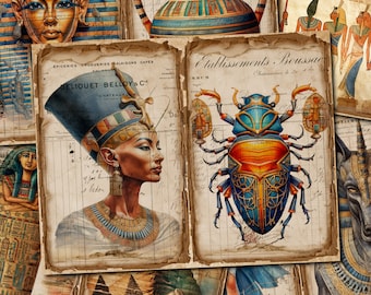 May include: A collage of vintage images featuring Egyptian-themed artwork, including a pharaoh, a scarab beetle, and a decorative vase. The images are printed on aged paper with handwritten text and are arranged in a random pattern.