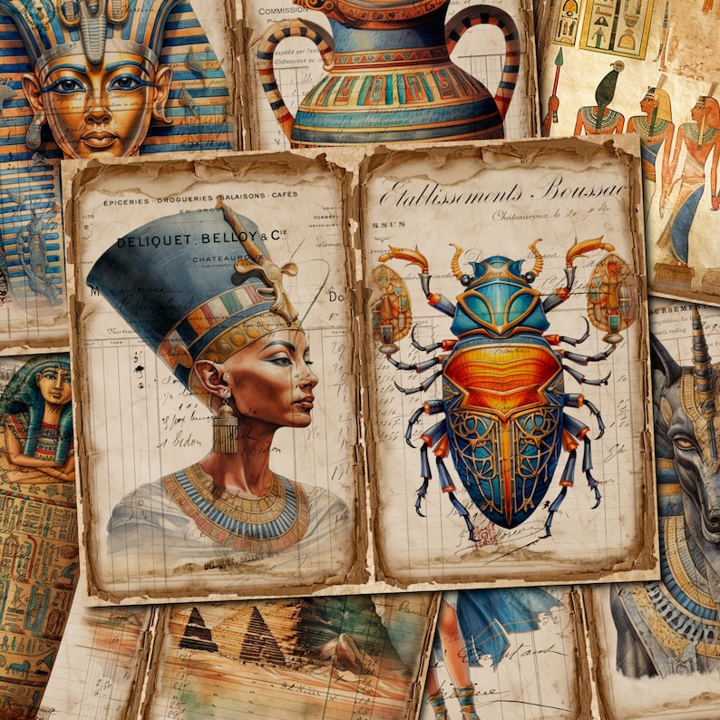 May include: A collage of vintage images featuring Egyptian-themed artwork, including a pharaoh, a scarab beetle, and a decorative vase. The images are printed on aged paper with handwritten text and are arranged in a random pattern.