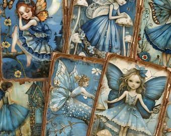 May include: A selection of vintage art cards showcasing illustrations of fairies. The cards feature a blue and brown colour scheme, with detailed depictions of fairies with butterfly wings, mushrooms, and floral elements. The overall theme is whimsical and fantasy-inspired.