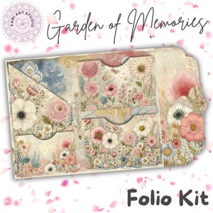 May include: A Garden of Memories folio kit featuring a paper folder with multiple pockets and slots. The design displays a soft floral pattern with pink, white, and blue flowers on a cream background. The text Garden of Memories is visible.