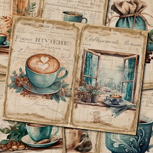 Pagine del diario Cozy Coffee Junk, kit di carta per album digitale, stampabile turchese, foglio collage da caffè, effimeri autunnali vintage, scarica