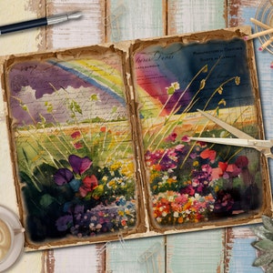 May include: An open vintage book with a watercolor painting of a field of flowers. The book has handwritten text on the pages and a rainbow painted across the top. The book is on a wooden surface with a cup of coffee and a succulent plant.