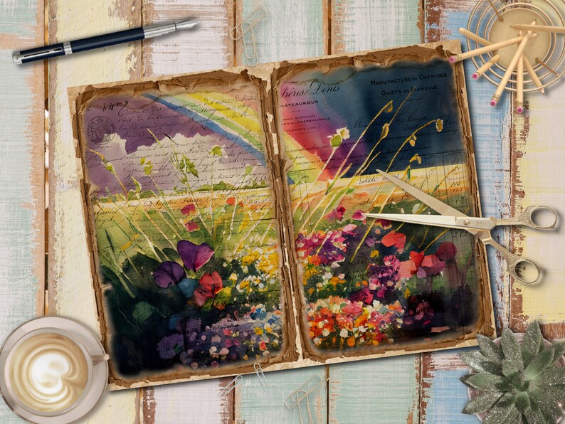 May include: An open vintage book with a watercolor painting of a field of flowers. The book has handwritten text on the pages and a rainbow painted across the top. The book is on a wooden surface with a cup of coffee and a succulent plant.