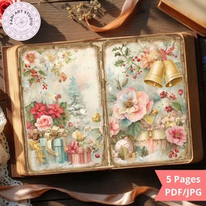May include: Open journal with watercolor illustrations of Christmas florals, gifts, and bells. The pages feature a soft color palette of pink, red, and green, with a touch of gold. The journal is open on a wooden surface.