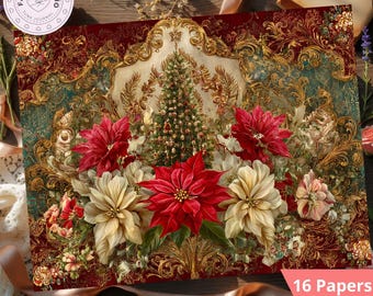 Puede incluir: Papel decorativo con temática navideña. El diseño presenta un árbol de Navidad, poinsettias rojas y flores color crema. El fondo es una mezcla de burdeos, dorado y verde azulado. El texto "16 Papers JPG" es visible.