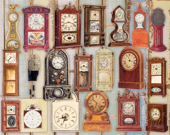 Puede incluir: Una colección de relojes vintage en varios estilos y colores, incluyendo un reloj de pie, un reloj de chimenea y un reloj de pared. Los relojes están todos decorados con detalles intrincados y tienen caras con números romanos.