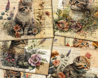 Vintage Cat Junk Journal Kit: Floral Ephemera (Digital Download)