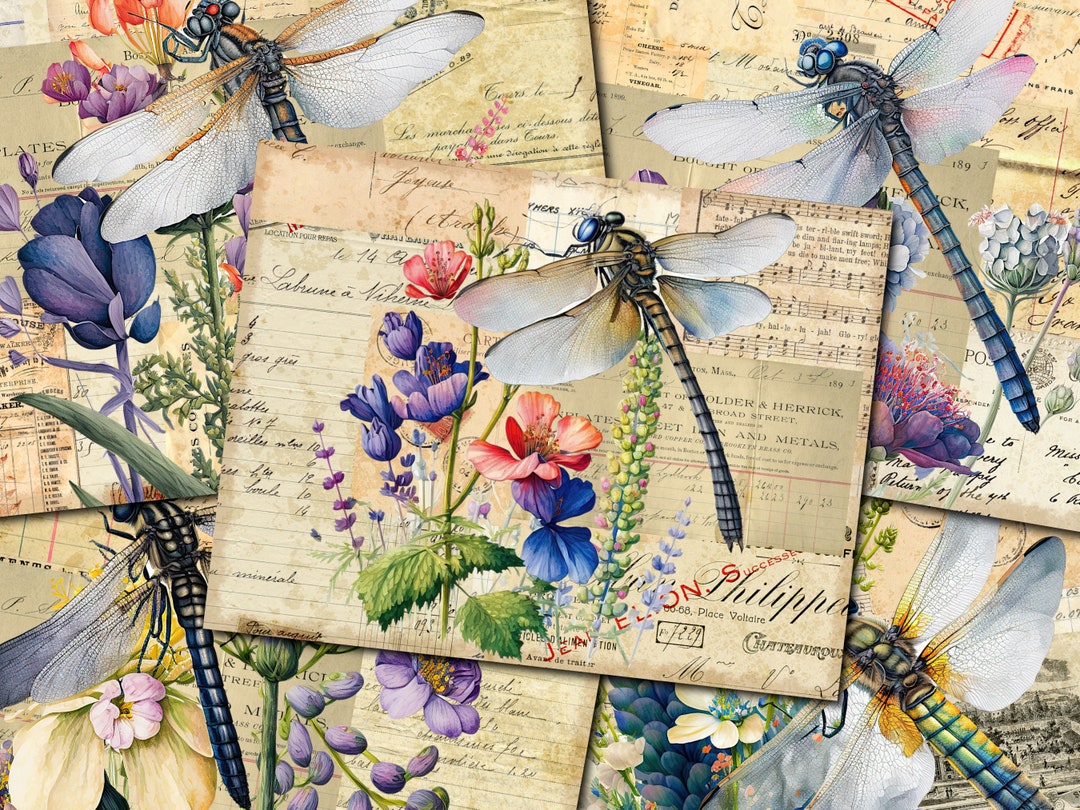 Vintage Dragonfly Junk Journal Printable Kit - 10 Collage Papers - Etsy