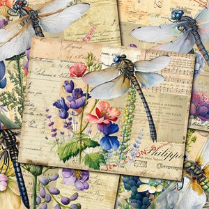 Vintage Dragonfly Junk Journal Printable Kit - 10 Collage Papers