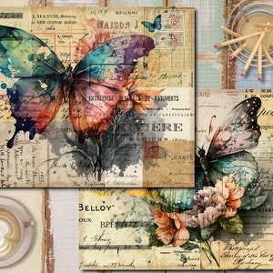 K&ouml;nnte beinhalten: Eine Collage im Vintage-Stil mit zwei Schmetterlingen mit aquarellartigen Fl&uuml;geln. Die Schmetterlinge sind umgeben von alten Papierschnipseln mit handschriftlichem Text und verblasster Tinte. Der Hintergrund ist ein strukturiertes, gealtertes Papier mit einem abgenutzten Look.