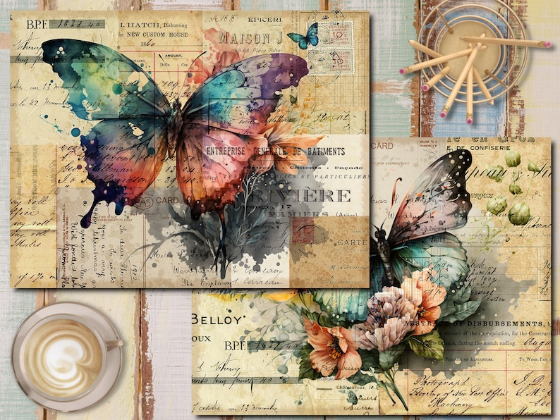 K&ouml;nnte beinhalten: Eine Collage im Vintage-Stil mit zwei Schmetterlingen mit aquarellartigen Fl&uuml;geln. Die Schmetterlinge sind umgeben von alten Papierschnipseln mit handschriftlichem Text und verblasster Tinte. Der Hintergrund ist ein strukturiertes, gealtertes Papier mit einem abgenutzten Look.