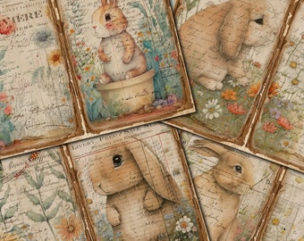 May include: A set of four vintage-style paper ephemera featuring illustrations of brown rabbits in a field of flowers. The paper has a distressed, aged look with handwritten text and a brown border.