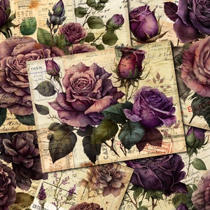 Kit diario di spazzatura DIGITALE Purple Roses – Pagine stampabili vintage - FA101