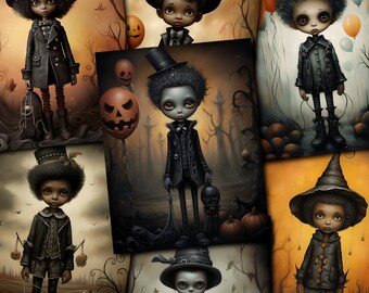 May include: A collection of digital art prints featuring stylized, gothic-themed dolls in various outfits. The dolls are depicted in black clothing, holding Halloween-themed props like pumpkins and skull-shaped lanterns, set against an orange and gray backdrop.