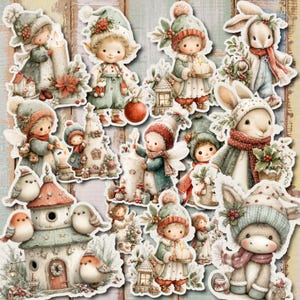 Op de afbeelding: Een verzameling kerststickers met schattige illustraties. De stickers bevatten figuren van elfen, konijnen en engelen, allemaal gekleed in winterkleding. Het kleurenpalet is zacht, met pastelgroen, rood en wit, wat een grillige vakantiesfeer creëert.