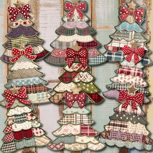 May include: A collection of decorative Christmas tree ornaments. Each tree is crafted from patchwork fabric in various patterns and colors, adorned with a bow and star. The trees are designed with a quilted effect and a green border.