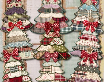 Patchwork Christmas Tree Fussy Cuts Junk Journal Kit: Vintage Cutouts Printable (Digital Download) - FA374