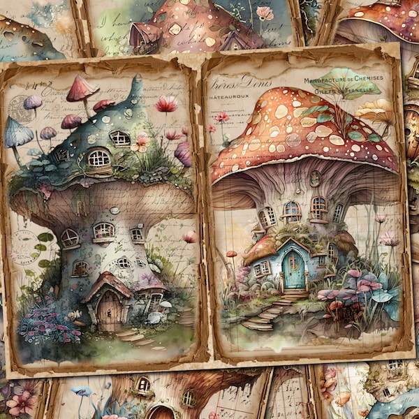 Junk Journal Printable, Watercolor Mushroom House , Journal Pages, Mushroom House Junk Journal , Junk Journal Digi Kit, Printable Journal