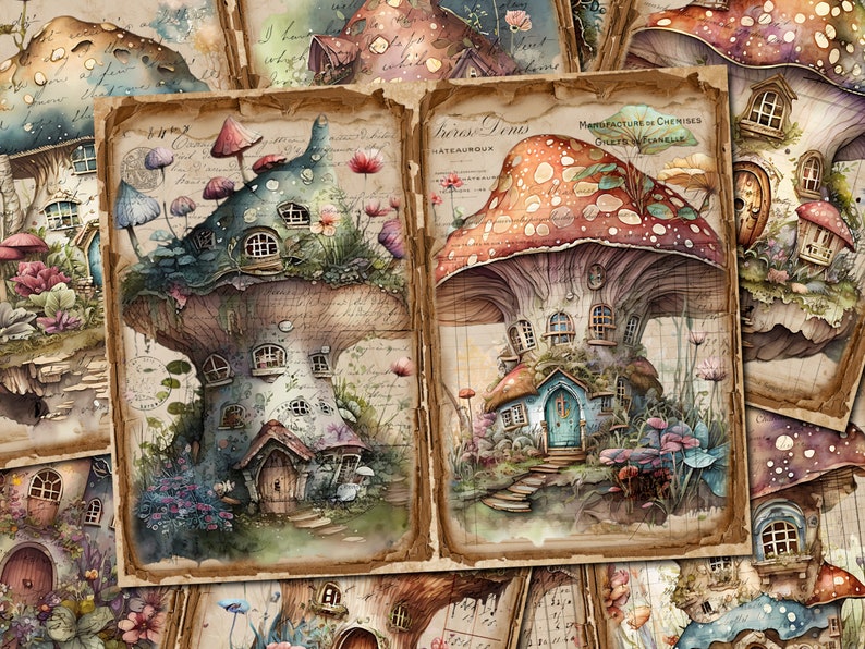 May include: A collage of vintage-style illustrations featuring whimsical mushroom houses with intricate details. Each house is unique, with different colors, textures, and designs. The illustrations are set against a background of old paper with handwritten notes and faded ink.