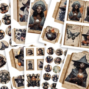 Kit de itens efêmeros de diário de bruxas de Halloween - imprimíveis digitais assustadores, mágicos, góticos e místicos - etiquetas, cartões, envelopes, bolsos - conjunto de 6