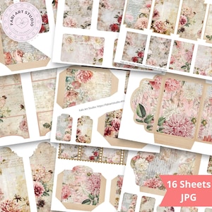 Puede incluir: Un conjunto de 16 hojas de papel digital JPG con un diseño floral vintage. Los papeles presentan una mezcla de tonos rosa, crema y beige, con elementos florales y de escritura. Ideal para junk journals y scrapbooking.