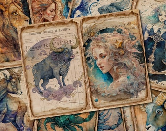 Páginas del diario basura de los signos del zodíaco: Efímeras vintage (descarga digital)