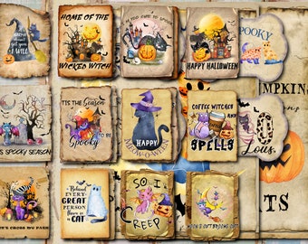 Könnte beinhalten: Eine Sammlung von 14 digitalen druckbaren Halloween-Bildern mit schwarzen Katzen, Kürbissen, Hexen und gruseligen Sprüchen. Die Bilder sind im Vintage-Stil mit einem Pergament-Hintergrund.