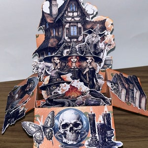 Halloween Hexe 3D Pop-Up Box Karte - Zauberhafte handgemachte Grußkarte für Halloween Scrapbook - Junk Journal
