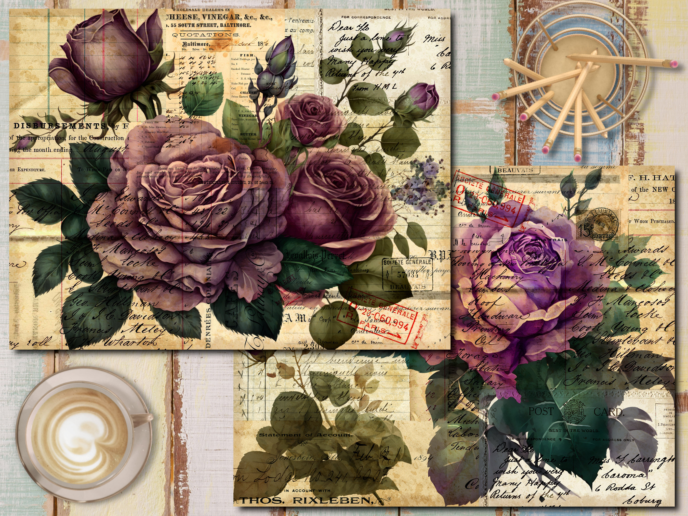 DIGITAL Purple Roses Junk Journal Kit – Vintage Printable
