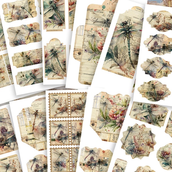 Dragonfly Junk Journal Ephemera Kit, Dragonflies ADDON Kit, Junk Journal Embellishments, Cards, Envelope, Ephemera Labels, Tags - Set 1