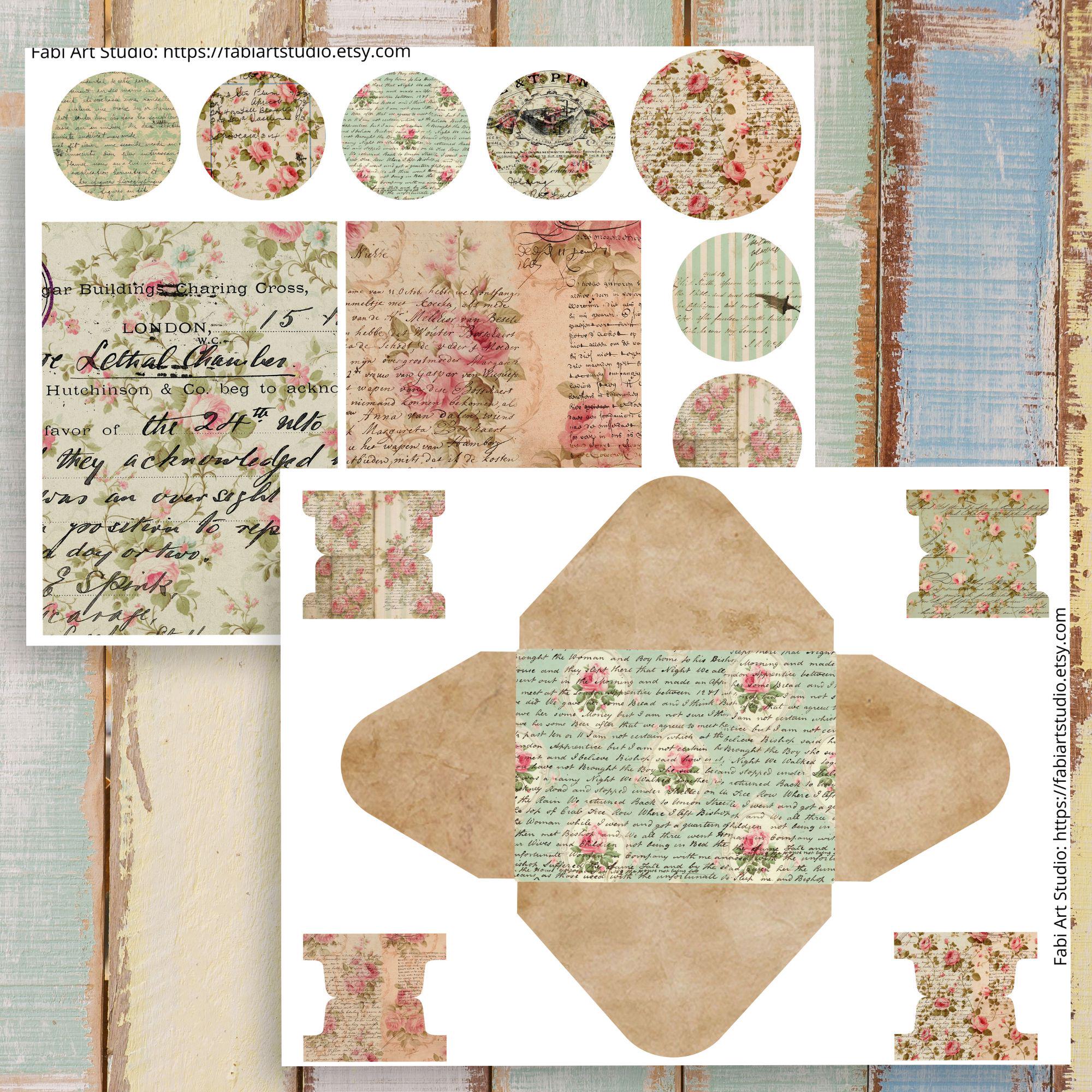 Shabby Chic Junk Journal Kit: Pink & Green Roses, Printable ...