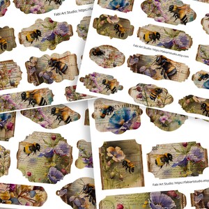 Könnte beinhalten: Ein Satz digitaler druckbarer Etiketten mit Aquarell-Illustrationen von Bienen, Blumen und Vintage-Text. Die Etiketten sind perfekt, um Ihren Bastelarbeiten, Geschenken oder Ihrer Einrichtung einen Hauch von Verspieltheit zu verleihen.
