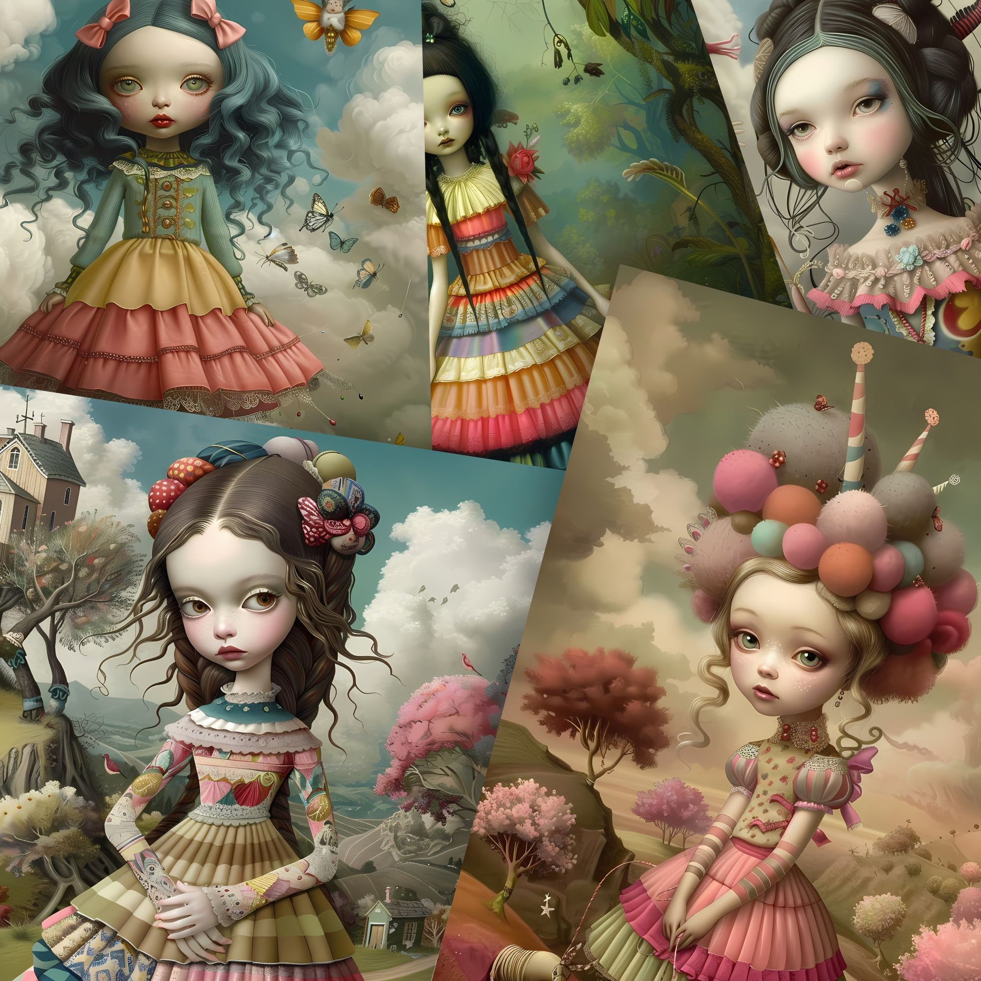 Whimsical Girls Junk Journal pages, Surrealism Style, Junk Journal Paper, Whimsical Digital Papers Girl, Digital Download - Set 21