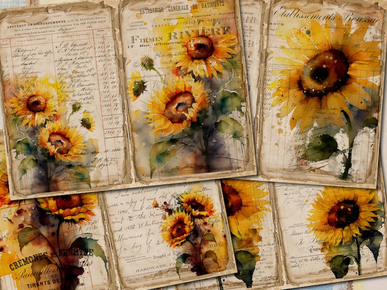 May include: A collage of six vintage-style paper squares with watercolor paintings of sunflowers. The paper has a distressed, aged look with handwritten text and faded lines.