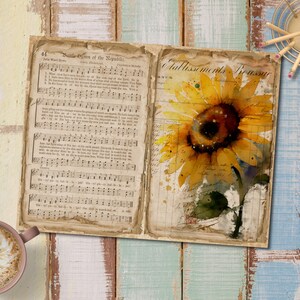 May include: A vintage, open book with a watercolor painting of a sunflower on the right page. The left page features sheet music for "Battle Hymn of the Republic". The book is on a rustic wooden surface.