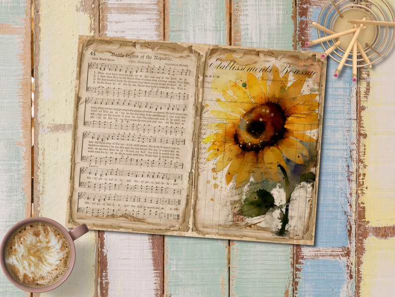 May include: A vintage, open book with a watercolor painting of a sunflower on the right page. The left page features sheet music for "Battle Hymn of the Republic". The book is on a rustic wooden surface.
