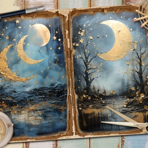 Diario degli scarti stampabile, Luna dorata, Pagine di diario vintage, Diario degli scarti con doppia luna, Kit digitale per diario degli scarti, Diario stampabile